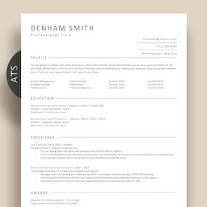 Puede incluir: Una plantilla de currículum vitae en blanco y negro con el nombre Denham Smith en la parte superior. El currículum incluye secciones para el perfil, la educación, la experiencia y los premios.
