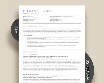 ATS Friendly Google Docs Resume, Federal Resume Template, Word Resume for USA Jobs, Minimalist & Clean Design, US Government Military resume