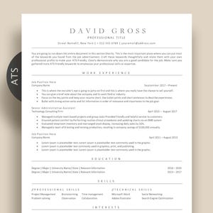 Puede incluir: Una plantilla de currículum vitae con el nombre "DAVID GROSS" en la parte superior. El documento incluye secciones para la experiencia laboral, la educación, las habilidades y los intereses. El texto está en una fuente clara y fácil de leer, con viñetas y títulos claros.