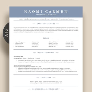 Könnte beinhalten: Eine Lebenslaufvorlage mit blauem Header, der den Namen "NAOMI CARMEN" und Kontaktdaten anzeigt. Das Dokument enthält Abschnitte für eine Karrierebeschreibung, Fähigkeiten, Berufserfahrung, Ausbildung und berufliche Weiterentwicklung. Der Text ist in einer klaren, modernen Schriftart.