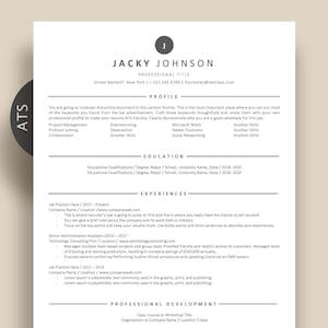 May include: A black and white resume template with the title "Jacky Johnson" and the heading "Professional Title". The resume includes sections for "Profile", "Education", "Experiences", and "Professional Development".
