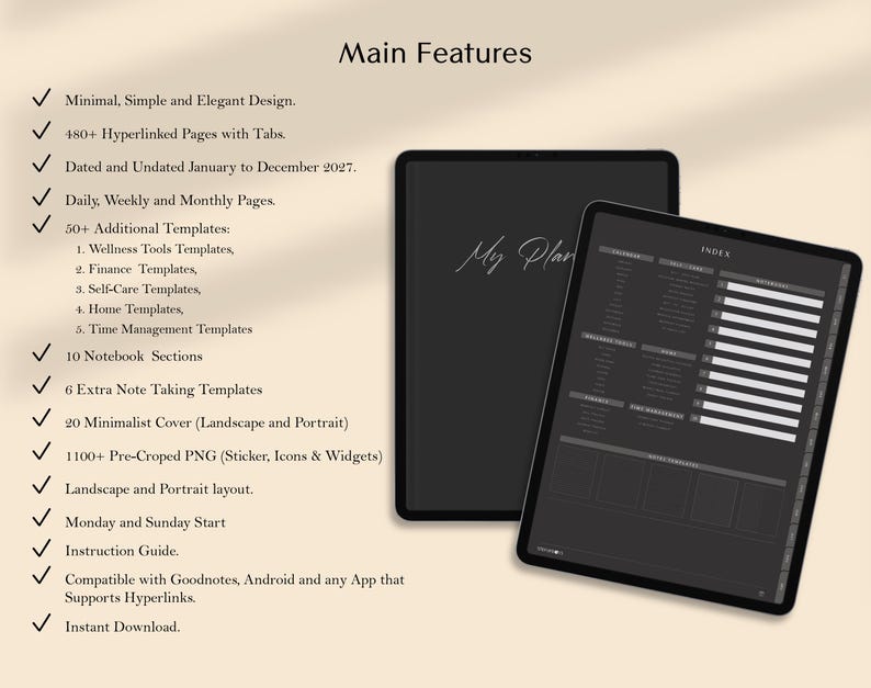 Minimalist Daily Weekly Monthly Organizer for GoodNotes & Notability
