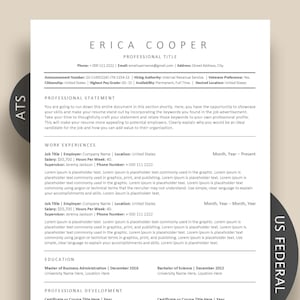 Federal Resume Template, Simple ATS Friendly Resume, Google docs resume for USA Jobs, Clean Military Resume Template Word pages, cv template