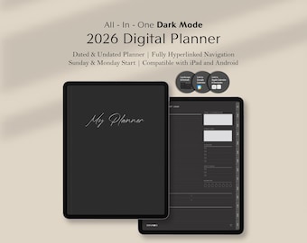 2026 Digital Planner GoodNotes, Dated Undated, portrait Landscape, Sunday Monday, Daily Weekly Monthly Planning for iPad Android, DARK MODE