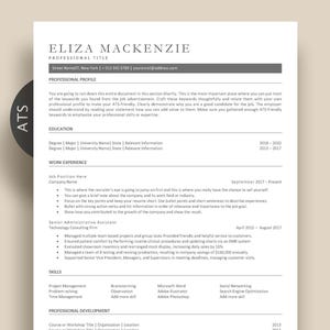 May include: A black and white resume with the name Eliza Mackenzie at the top. The resume includes sections for professional profile, education, work experience, skills, and professional development.