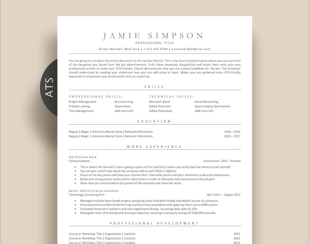 Clean Professional Resume Template ATS: Minimalist CV Design (google ...
