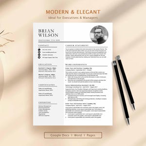 Puede incluir: Una plantilla de currículum profesional con un diseño blanco limpio y texto en negro, un marcador de posición circular para una foto y secciones para contacto, educación, certificados, experiencia, perfil profesional y trayectoria laboral.