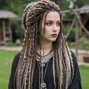 May include: A woman with long, intricately styled dreadlocks in shades of brown, blonde, and white. The hair is adorned with beads and hangs over a black top. She wears silver necklaces and earrings, with a focused expression.