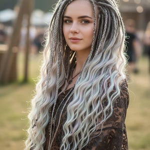 Puede incluir: Una persona con largas rastas grises y blancas. Las rastas están peinadas con algunas trenzas y son onduladas en los extremos. Lleva una blusa marrón oscuro con un patrón de encaje y un collar. El fondo está borroso.