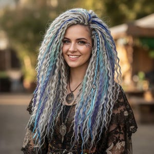 May include: A woman with long, wavy dreadlocks in shades of gray, blue, and teal. She wears a black lace top and multiple necklaces with pendants. Her face is adorned with a small decorative design near her eye.