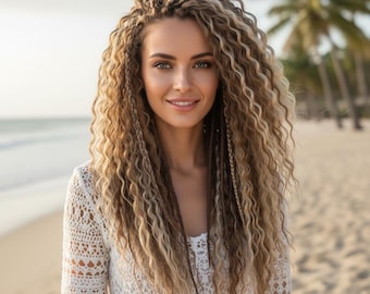 Set completo de rastas rizadas estilo boho, 50 rastas DE, extensiones de rastas rubias mixtas, cabello para festivales, rastas hechas a mano