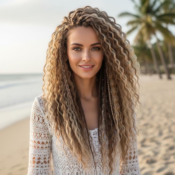 Curly Boho Dreadlocks Full Head Set, 50 DE Dreads, Blonde Mix Dread Extensions, Festival Hair, Handmade Locs