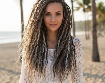 Ash Blonde Silver Gray DE Dreadlock Set 50 Pieces Curly Boho Extensions