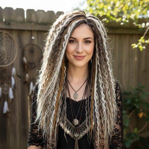 May include: A woman with long, curly, braided hair in shades of blonde, brown, and white. She is wearing a black top and multiple layered necklaces with pendants. The background includes a wooden fence and greenery.