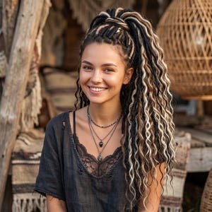 May include: A person with a cheerful expression and long dreadlocks in shades of black, blonde, and brown. They are wearing a black top with a lace detail and layered necklaces. The background features woven textures and natural elements.