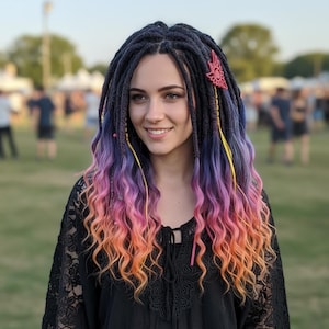 Puede incluir: Una persona con rastas oscuras y cabello vibrante y multicolor. Las rastas son oscuras en las raíces, pasando a morado, rosa y naranja en los extremos. Un accesorio para el cabello rosa y cintas amarillas añaden detalles.