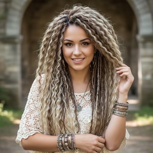 May include: A woman with long, curly, blonde and brown hair. She wears a white lace top, multiple bracelets, and a necklace with a pendant. The background features an arched stone structure.