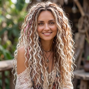 May include: A person with long, voluminous, curly hair featuring a blend of brown and platinum blonde highlights, accented with a thin pink strand. The hair is styled with a center part and layered textures, framing a smiling face with visible necklaces.