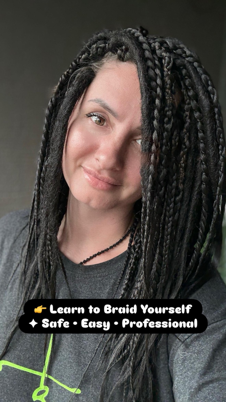odel with black synthetic braids showing results of self braiding tutorial, natural look
