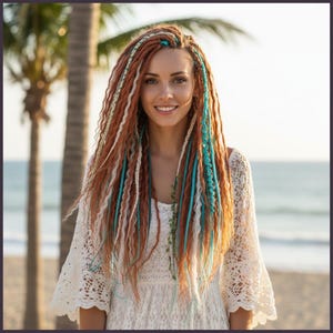 Copper Teal Curly Dreadlocks Full Head Set, Boho Festival Hair Extensions, Handmade Lightweight dreads