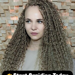 Model with long curly brown braids, festival-ready hairstyle from DIY tutorial guide