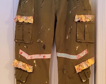 Upcycled, Distressed, MP Inspired, Jeans, Boho, Camo Cargo Green Jeans Pants