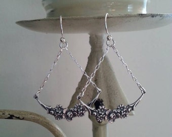 Boho, Shabby Chic, Cowgirl, Silver Floral Drop Earrings,