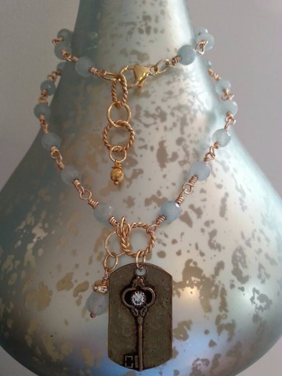 Key Necklace, Wired Wrapped Crystal Key Necklace, Lagenlook, Boho - Main Image