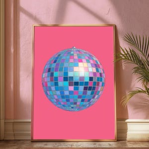 Dopamine Decor, Silver Disco Ball, Printable Wall Art, Pink Girly Poster, Mirror Ball Preppy Print