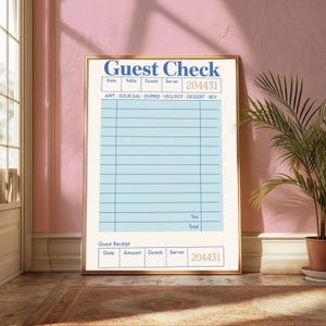 Blank Guest Check Art Print, Blue Guest Check Wall Art, Trendy Wall Art, Digital Art, Receipt Print, Digital Download, Blank Gift Wall Art