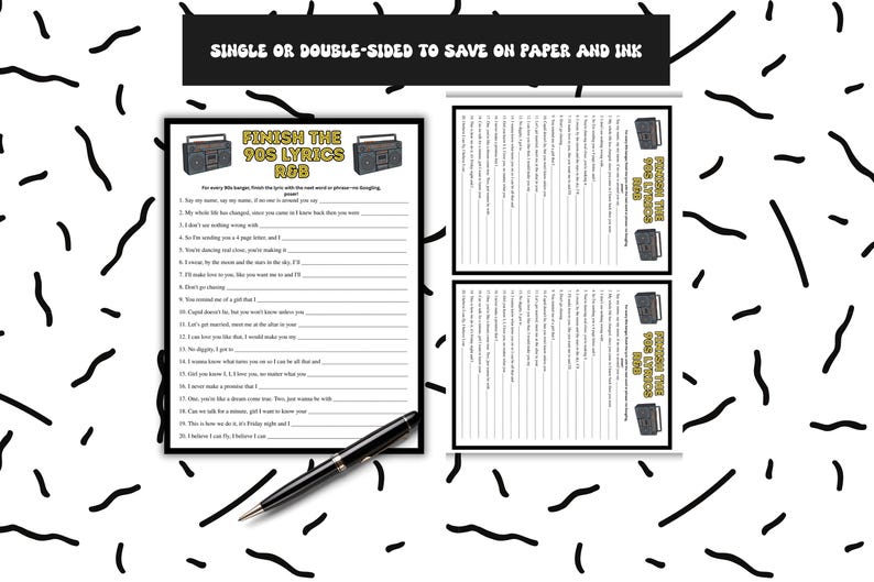 a black and white collage with a list of phrases and a pen, suggesting a creative or artistic composition.