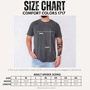 The image is a size chart for a gray t-shirt, showing the measurements for different sizes, including a male model and an adult male.
