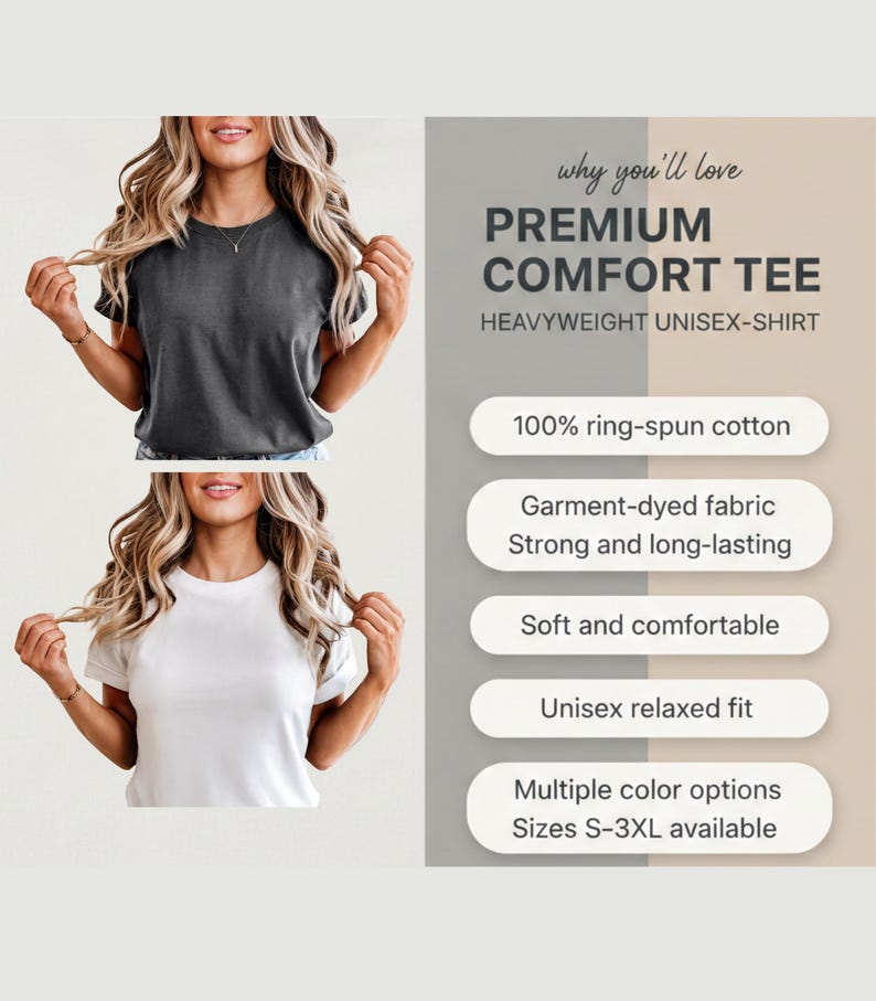 The image is a promotional graphic for a premium comfort tee. It features two women, one wearing a black t-shirt and the other wearing a white t-shirt. The text on the image highlights the features of the t-shirt, such as 100% ring-spun cotton, garment-dyed fabric, strong and long-lasting, soft and comfortable, and an unisex relaxed fit. The image also mentions that the t-shirt is available in multiple color options and sizes, including S-3XL.