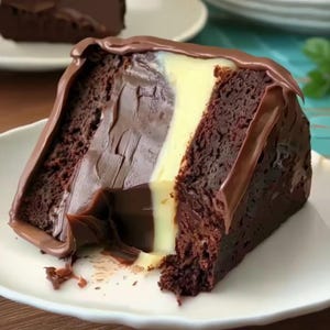 以下が含まれることがあります： チョコレートケーキのスライス。濃いチョコレートフロスティング、薄い黄色のクリームフィリング、濃厚なチョコレートグレーズの層があります。ケーキは白いお皿に盛り付けられており、そのしっとりとした食感と美味しそうな外観が際立っています。