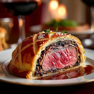 A close-up image of a savory dish, possibly a meat pie or quiche, served on a white plate with a glass of red wine in the background.