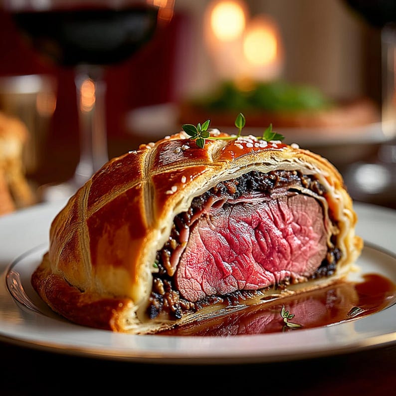 A close-up image of a savory dish, possibly a meat pie or quiche, served on a white plate with a glass of red wine in the background.