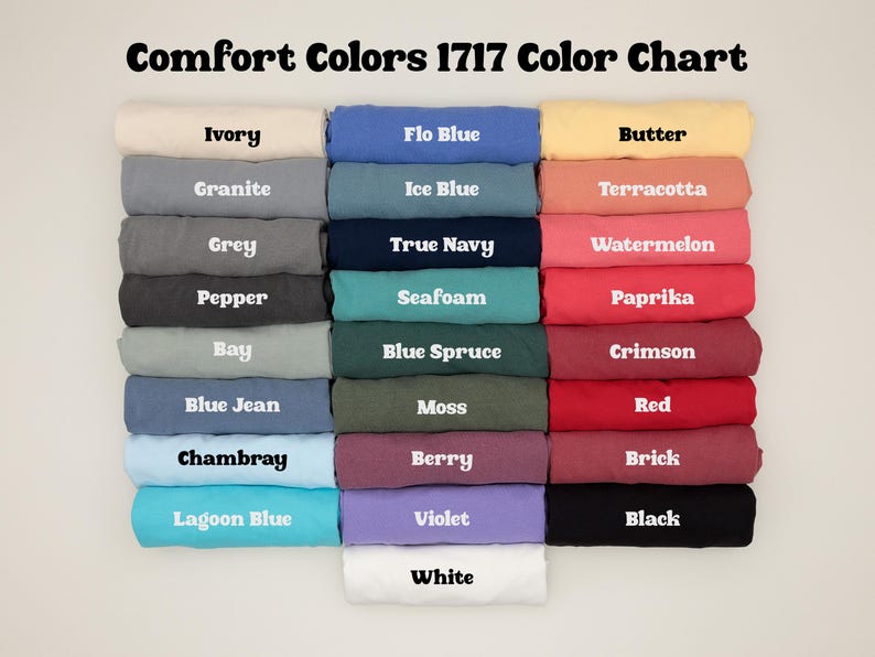 a color chart with various colored t-shirts arranged in a grid, each shirt having a different color.