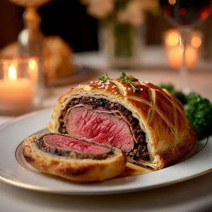 A plate with a sliced piece of beef in a pastry, accompanied by a glass of wine and a candle on a table.