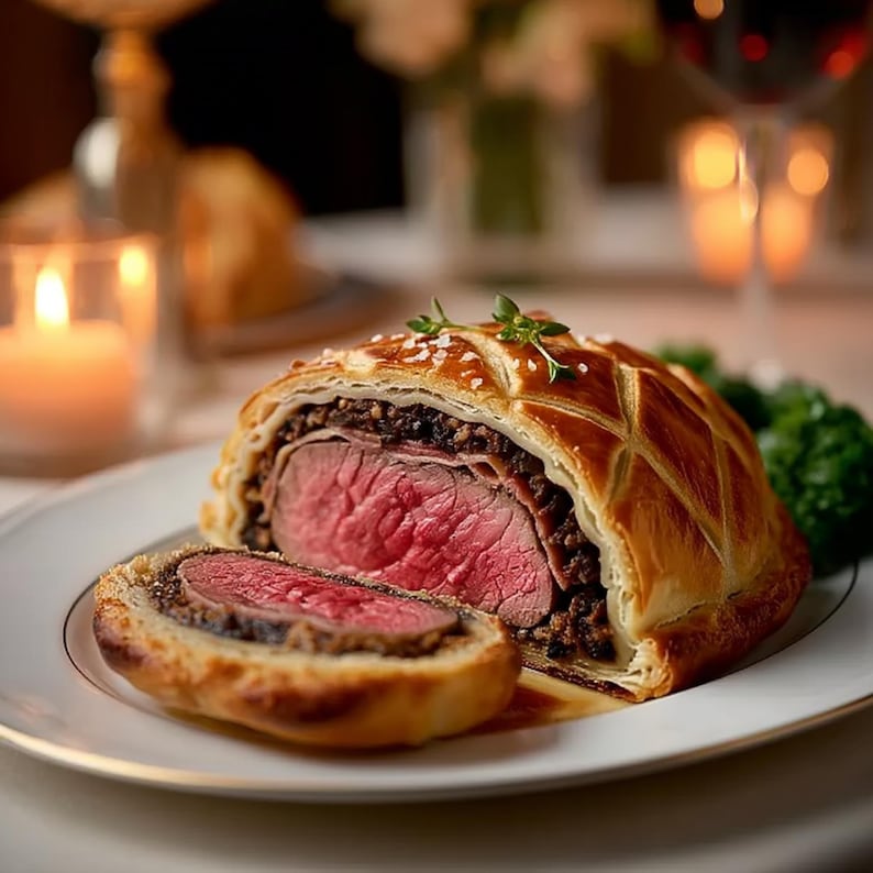 A plate with a sliced piece of beef in a pastry, accompanied by a glass of wine and a candle on a table.