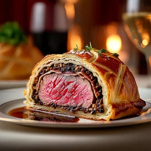 A close-up image of a delicious-looking steak tartare dish, featuring a piece of cooked steak served on a golden-brown pastry crust.