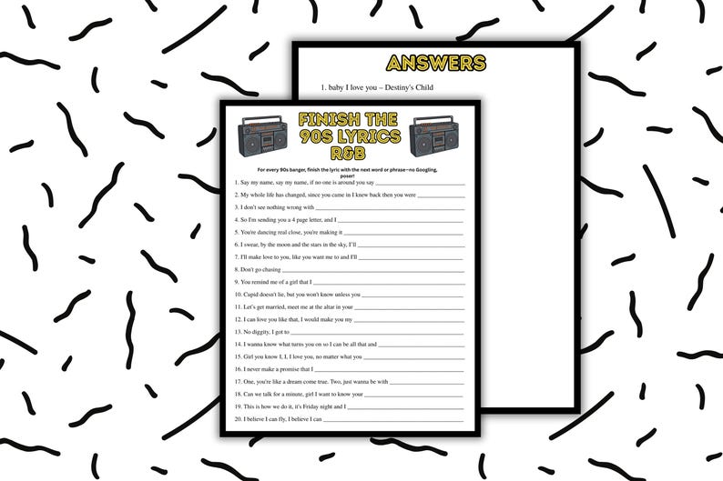 a list of lyrics and a list of questions related to the lyrics, with a black and white background featuring a dotted pattern.