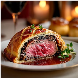 A close-up image of a delicious-looking steak tartare dish, featuring a piece of cooked steak served on a golden-brown pastry crust.