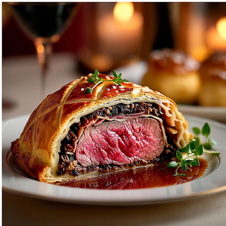A close-up image of a delicious-looking steak tartare dish, featuring a piece of cooked steak served on a golden-brown pastry crust.