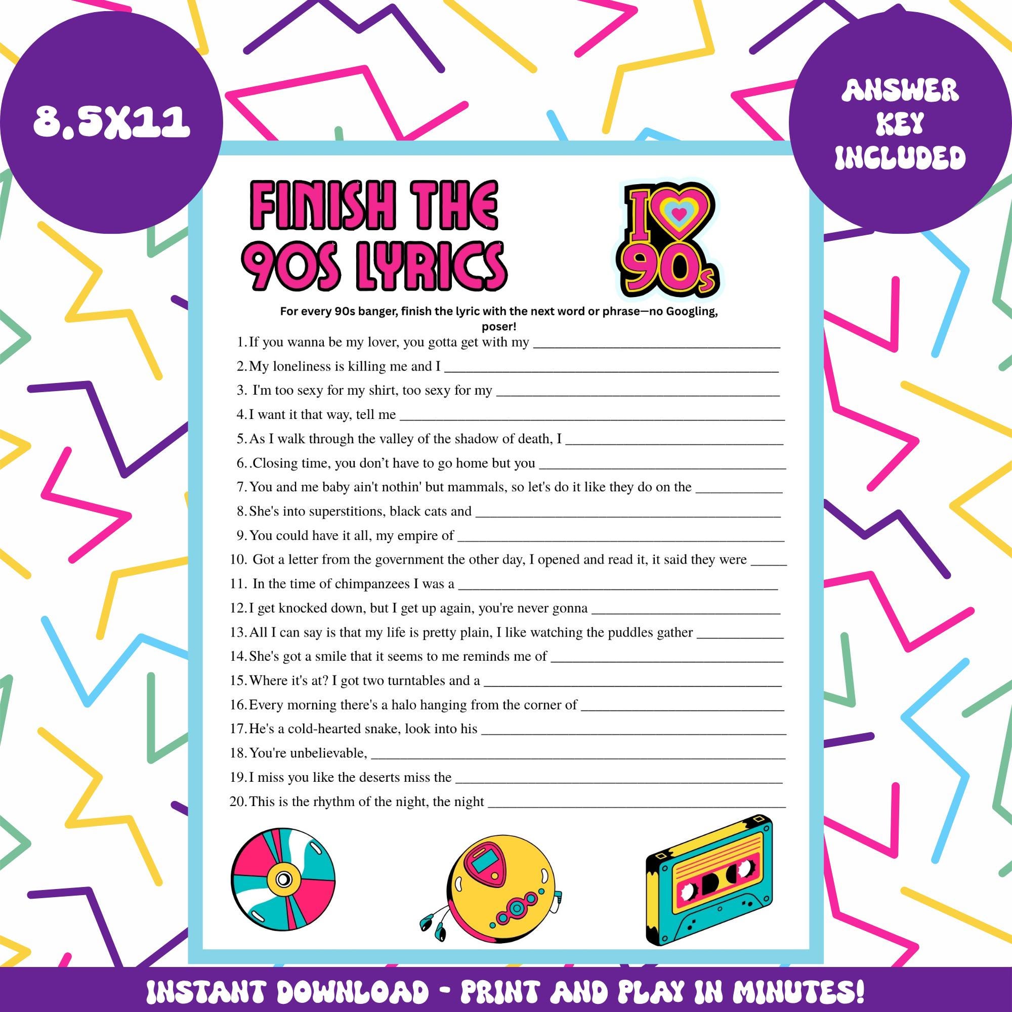 90s Music Lyrics Game: Printable Party Game (PDF Download