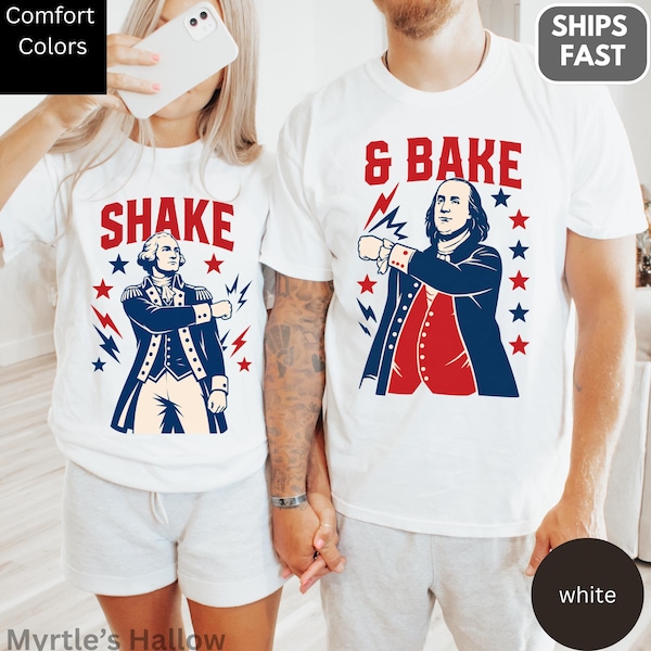 Comfort Colors® Matchande 4 juli-tröja för par, Shake and Bake, patriotisk självständighetsdagen-tröja, unisex bomull