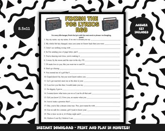 90s R&B Finish The Lyrics Game: Printable Party Music (PDF Download)
