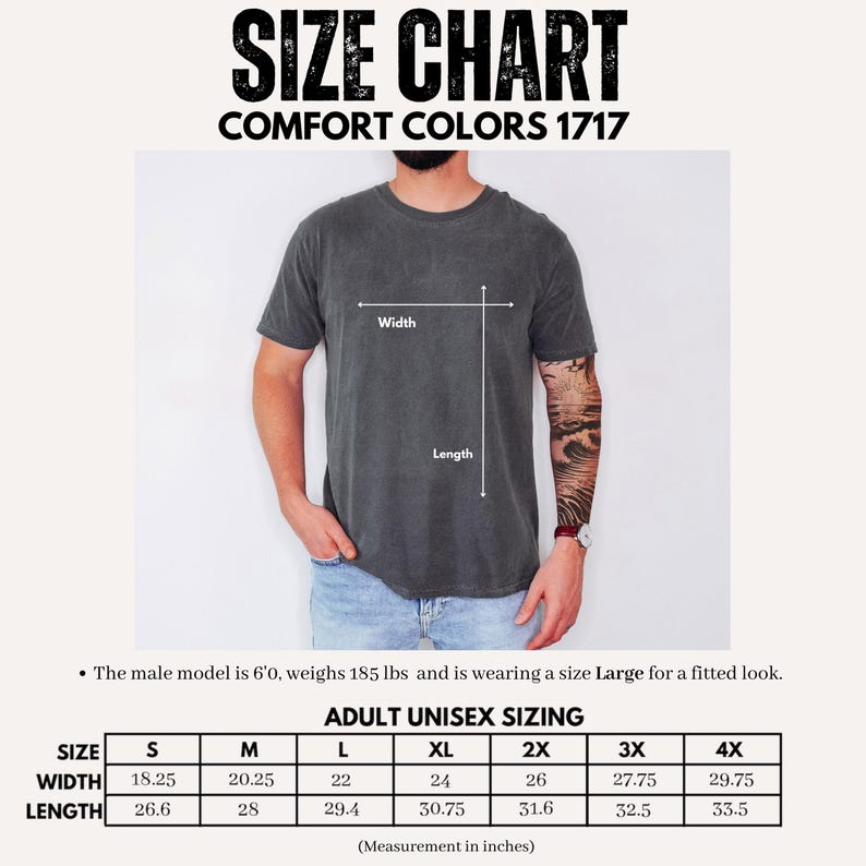 The image is a size chart for a gray t-shirt, showing the measurements for different sizes, including a male model and an adult male.