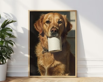 Funny Golden Retriever Bathroom Print: Toilet Paper Humor Art (Digital Download)