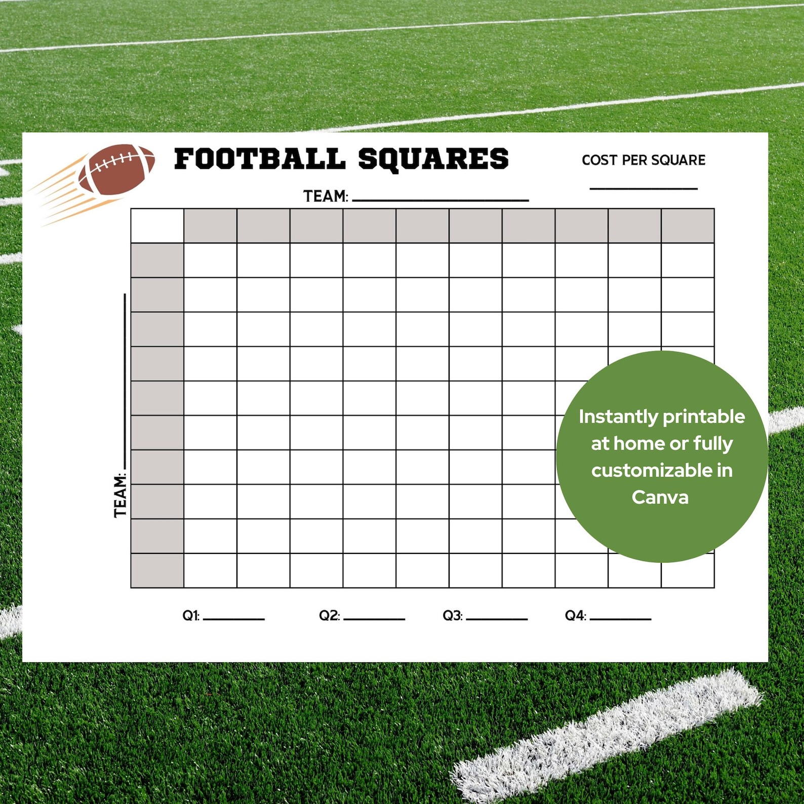 Super Big Game Football Squares Grid: 100 Square Pool Template (digital ...