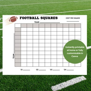 Football Squares, Football Fundraiser, Squares Board, 100 Square Football Grid, Pool Template, Digital Download,